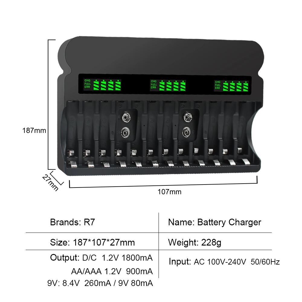 AA AAA 9V Battery Charger 12 Slots Fast Charge intelligent LCD battery Charger for Ni-MH 1.2V AA AAA 9V Li-ion 9V battery