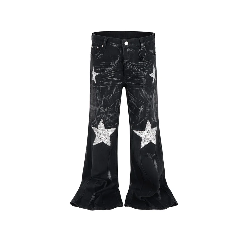 

Мужские модные расклешенные джинсы, брюки со стразами, джинсовые брюки High Street Bootcut с широкими штанинами и бриллиантовой звездой для мужчин