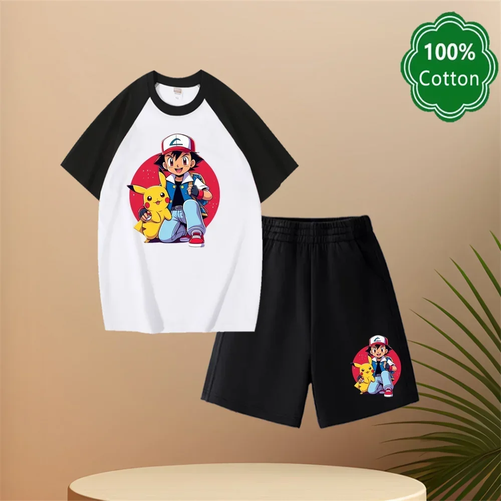 Pokemon Children's T-shirt Set Anime Cartoon Pikachu Charmander Printed Tops Shorts Two-piece Suit Summer Casual Clothes Gifts