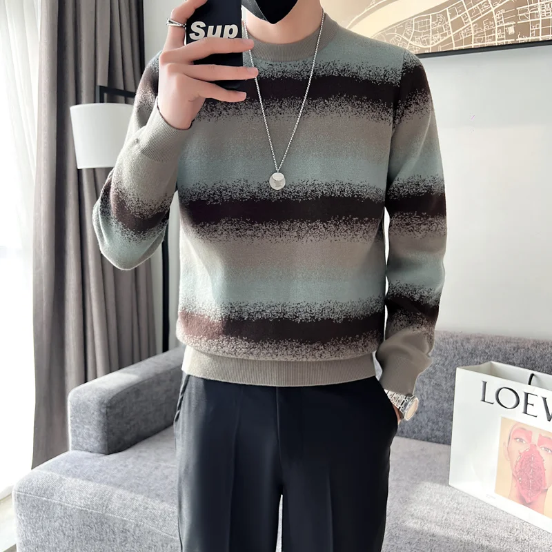 2023 Spring British Knitted Sweater Men O-neck Long Sleeve Slim Fit For Streetwear Casual Knit Clothing