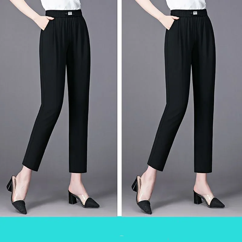 

Spring and Summer Women's Solid High Waist Elastic Loose Thin Pockets Classic Harem Pants Fashion Casual Commuter Trousers