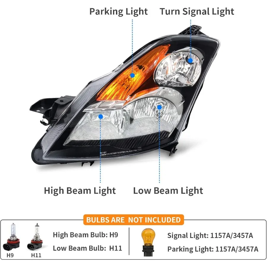 ชุดไฟหน้าที่ใช้ร่วมกันได้กับรถยนต์ Altima Sedan 4 ประตู ปี 2007 2008 2009 เพื่อความปลอดภัยในการขับขี่กลางคืนที่ดียิ่งขึ้น โครงสีดำพร้อมไฟสีเหลืองอำพัน
