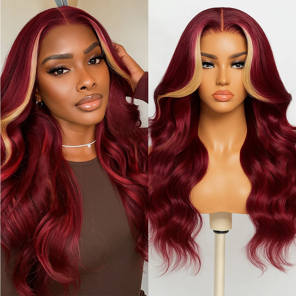 99J/613 ハイライトブロンドとバーガンディレッドのウィッグ、人毛ボディウェーブブラジリアン、16～32インチ、13x4 HDレースフロントウィッグ（女性用）
