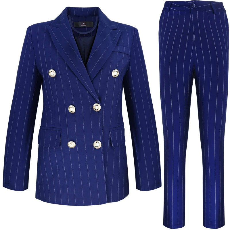 

Lenshin Plus Size High-quality Soft Fabric Royal Blue Double Breasted Striped 2 Piece Set for Women Pant Suit Office Lady Style