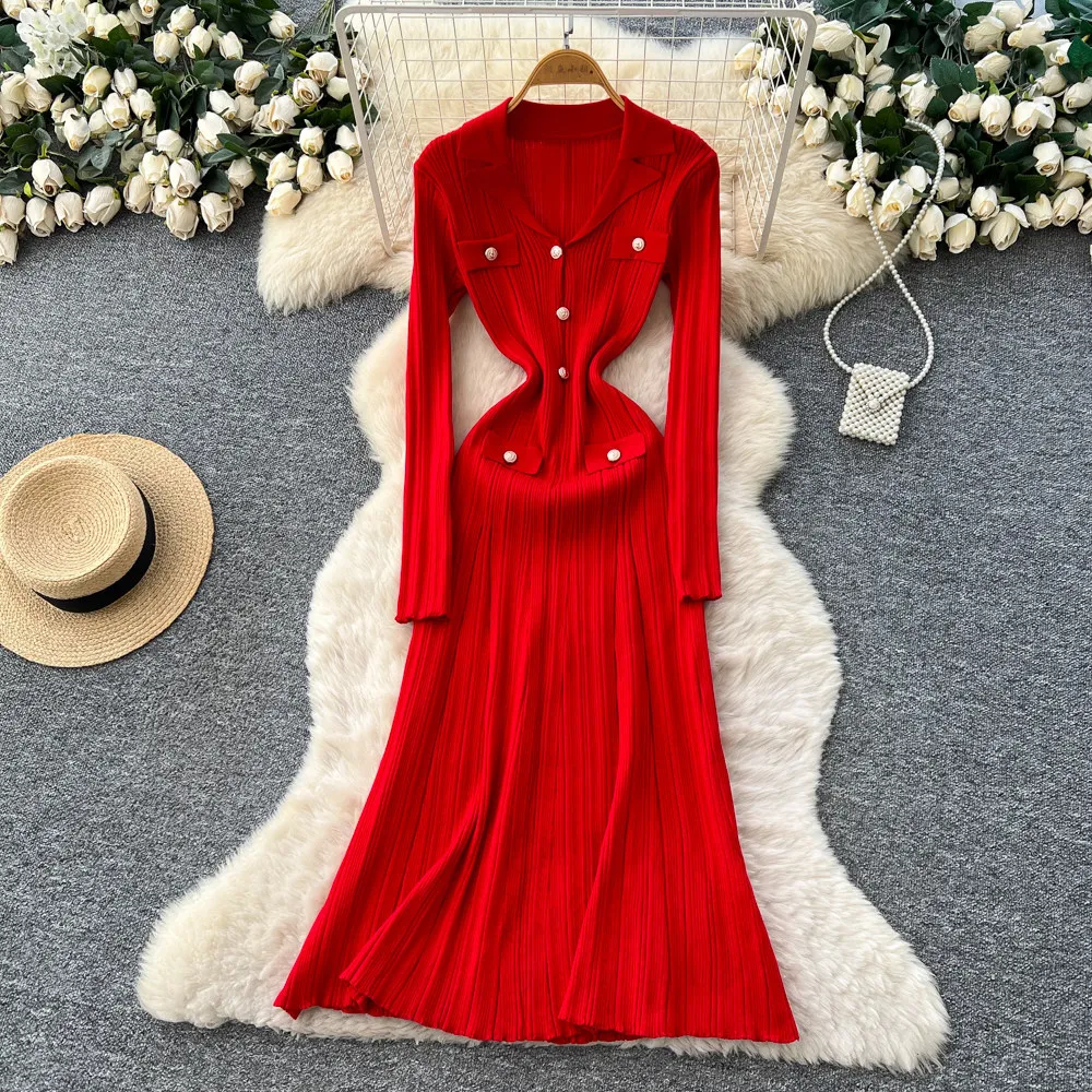 

Women Solid Dresses Knitted Dress Buckle Turn Down Collar Long Sleeves Ankle Length Waist Cinch Slim Fit Office Lady 2026 Summer