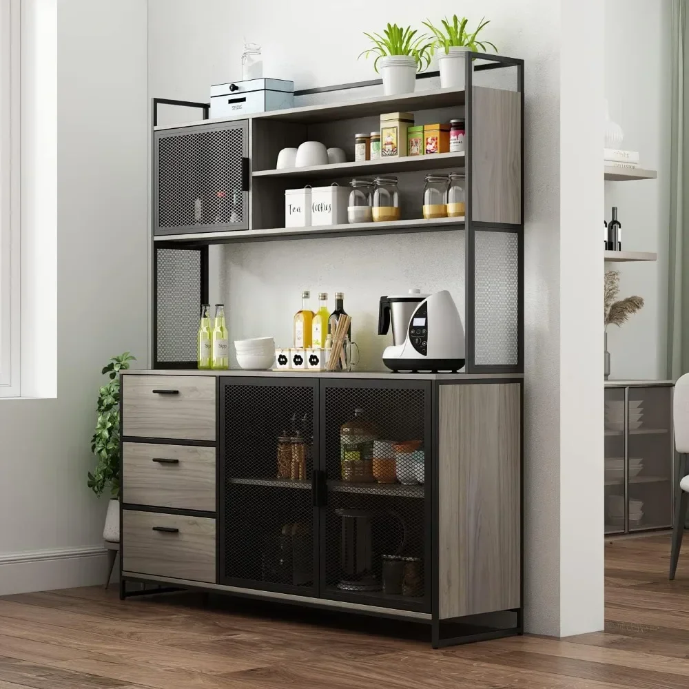 Modern Wood Sideboard Buffet Storage Cabinet with Hutch, 3 Metal Mesh Doors, 3 Drawers & 5 Compartments, Kitchen Pantry