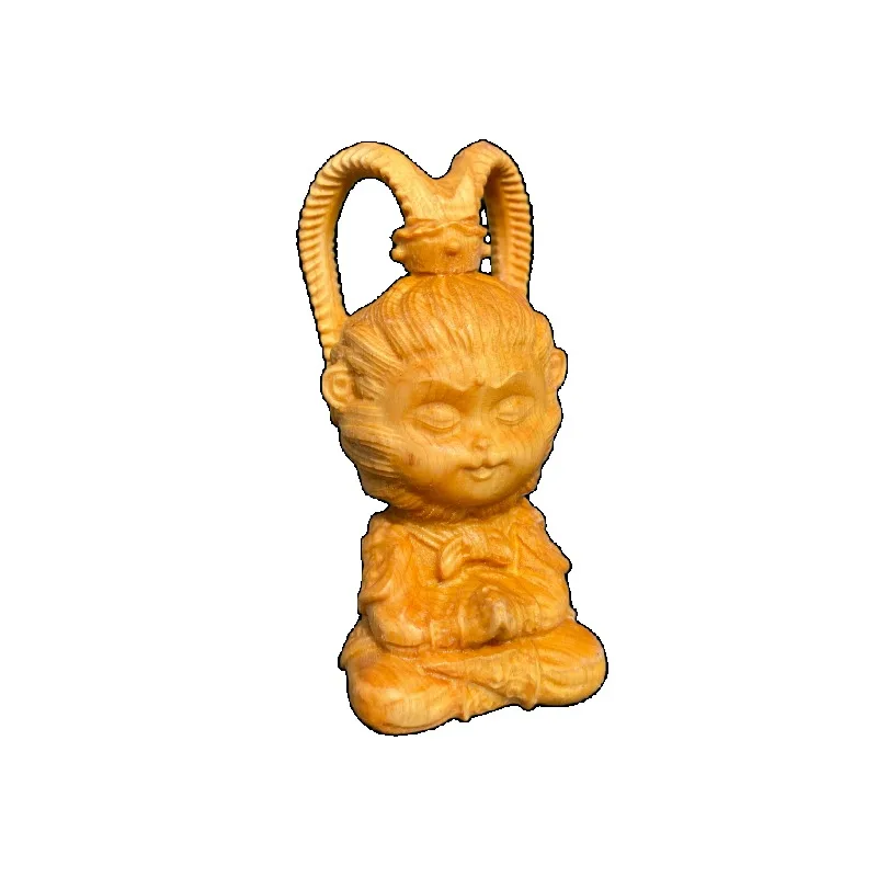 Hand Carved Cypress Wooden Q-Version Monkey King Figurine - Cute Sun Wukong Ornament Home Office Desk Study Room Decor Gift