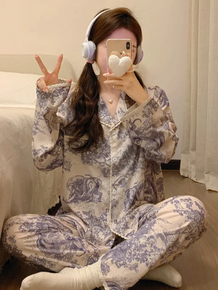 

New Lace Loose Printing Autumn Winter Long Sleeve Pajama Set Women Vintage Totem Chinese style Chinese style Elegant Sleepwear