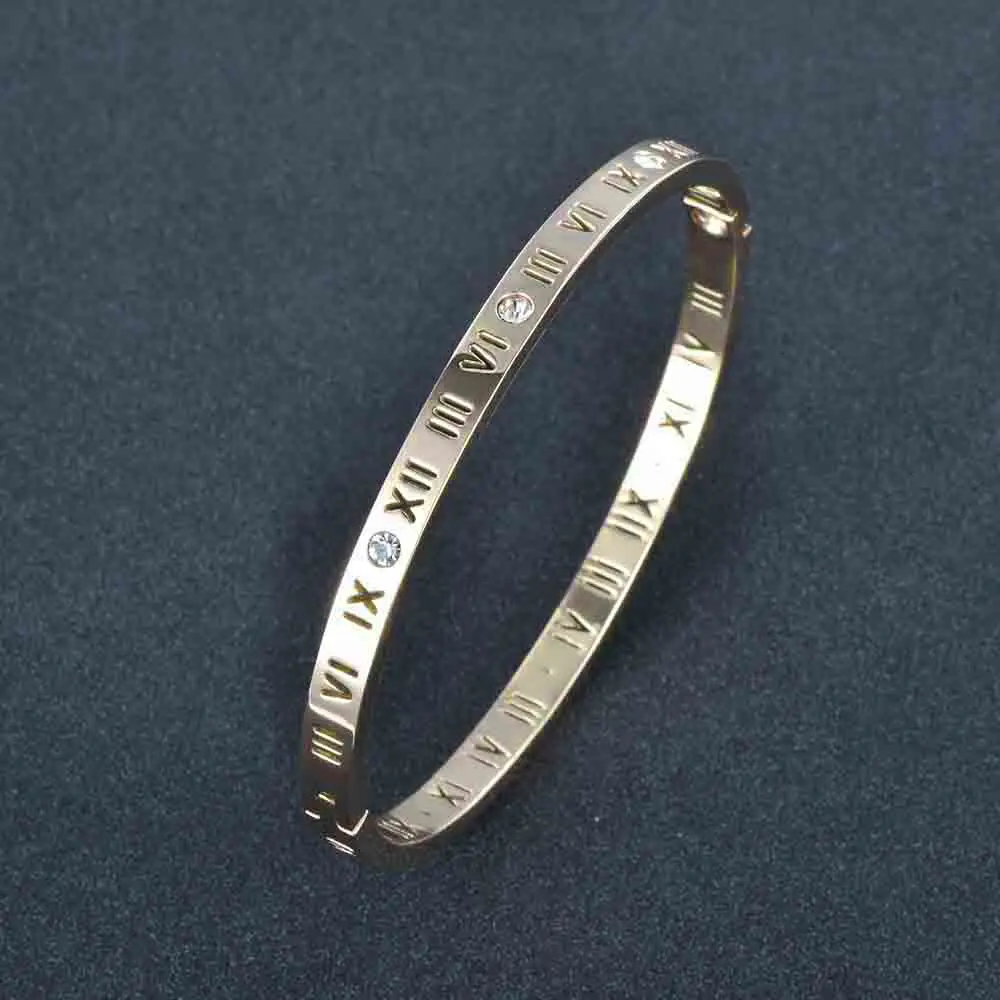 Lokaer Roman Numerals Bangles Rings Jewelry Sets 18K Gold Plated Stainless Steel Cubic Zirconia Wedding Ring Bangle Sets B17050