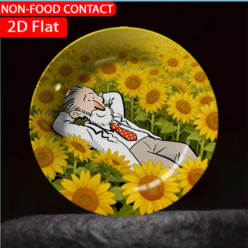 1pc Cartoon for Man Sunflower Field Yellow Ceramic Plate Non-food Contact, Home Desk Ornaments, Living Room and Bedroom