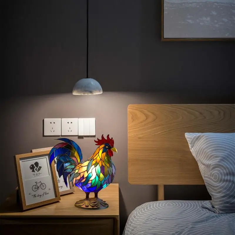 Stained Glass Table Lamp Rooster Stained Glass Resin Night Light Animal Sculpture Home Decoration Retro Gifts For Bedroom