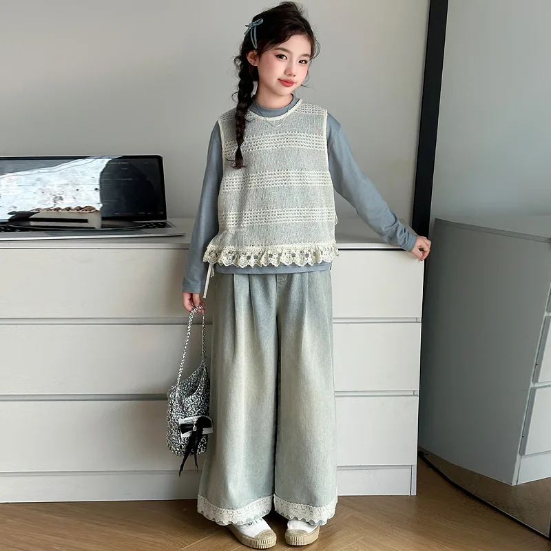 

Autumn Children Girls 3pcs Outfit Solid Round Neck Undershirt+Lace Patchwork Vest+Straight-leg Denim Pant Teenager Girls Sets