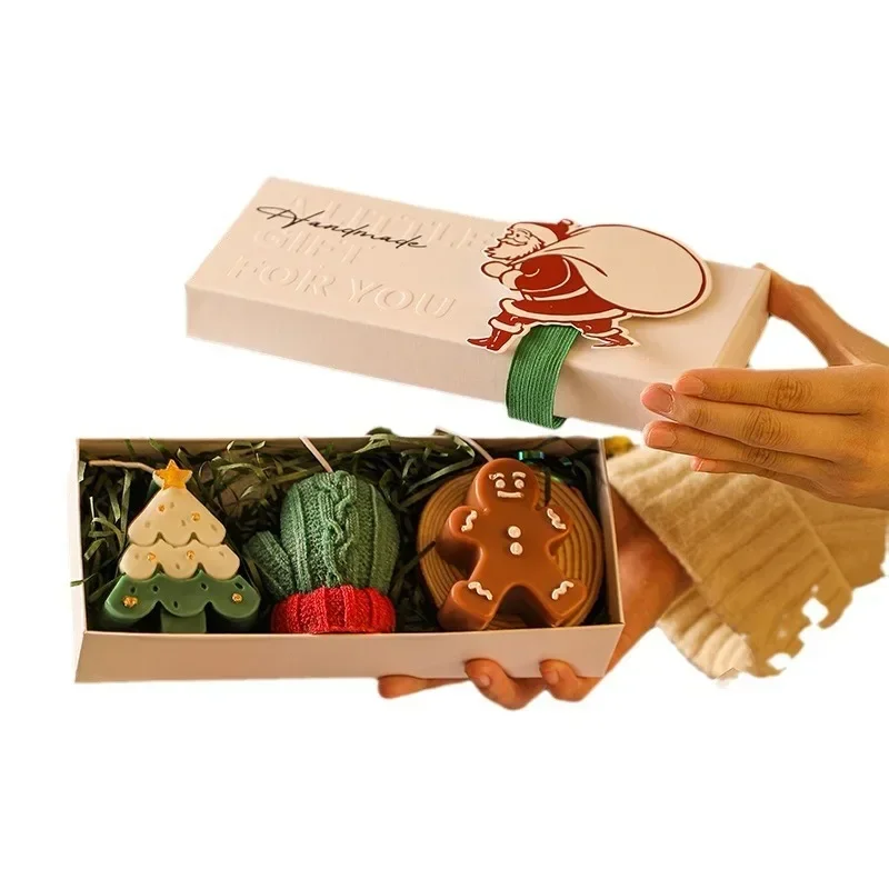 Creative 3-piece Christmas Handmade Scented Candle Gift Set. Green Christmas Tree, White Deer. Ginger Candy Man. Green Gloves.