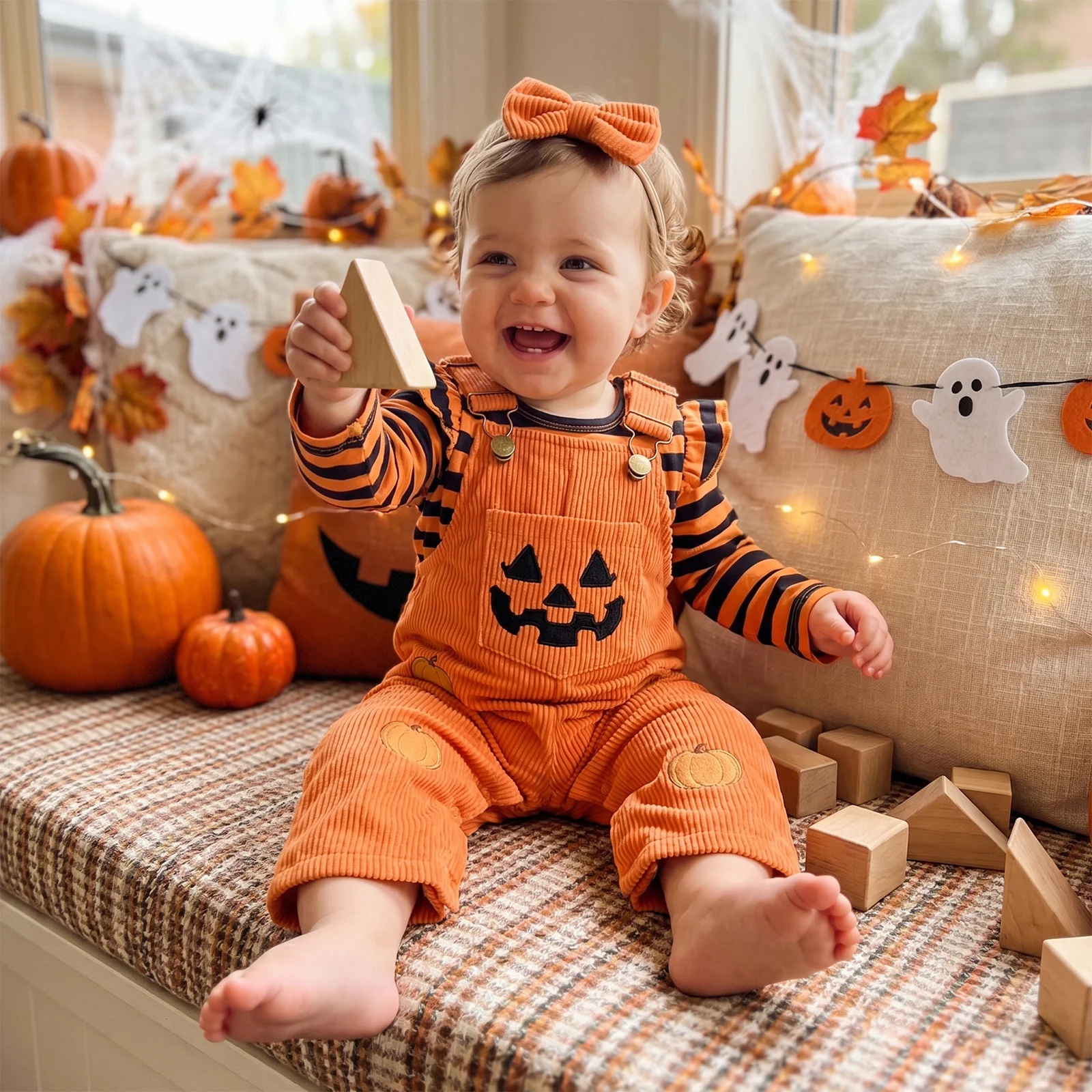 Toddler Infant Girl Halloween Outfit Long Sleeve Striped Romper Pumpkin/Ghost Embroidery Overalls and Bow Headband 3 Pieces Set