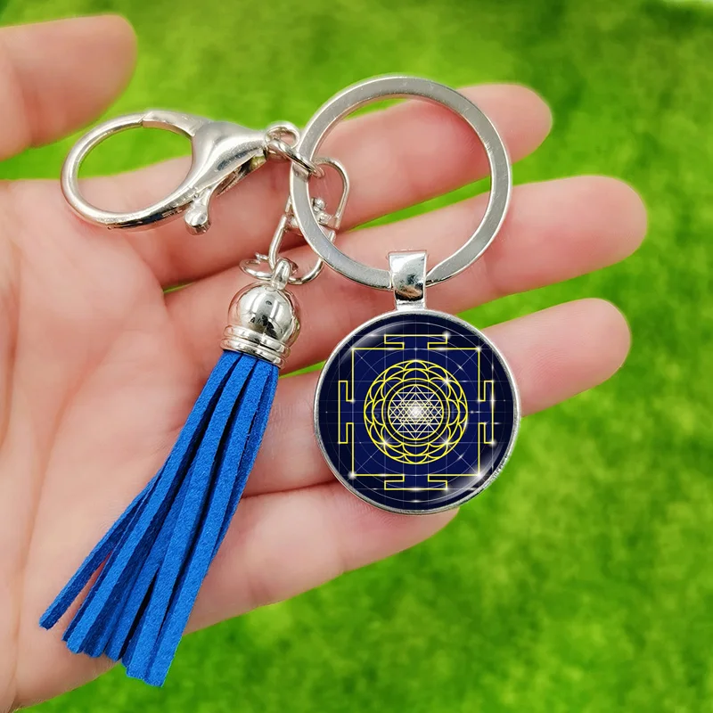 Metatron Cube Tassel Keychain for Women Girls Sacred Geometry Sri Yantra Mandala Art Handmade Glass Key Ring Party Charms