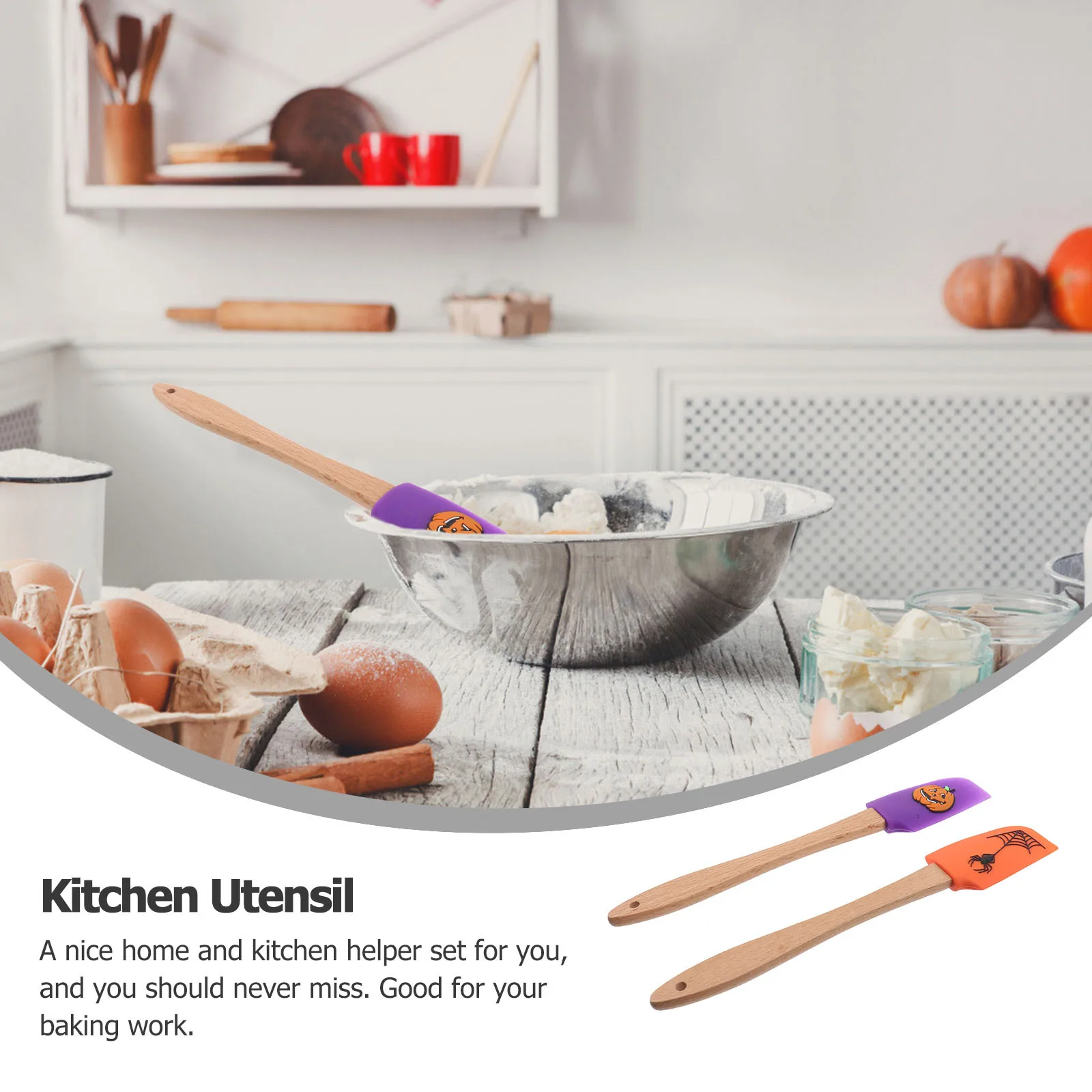 

2Pcs Wooden Handle Silicone Scraper Halloween Baking Gadget Cream Spatula Kitchen Utensil Pumpkin Spider Pattern