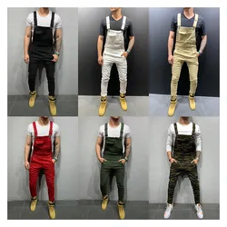 Men Denim Overalls Washed Pencil Ankle Length Trousers Slim Fit One Piece Jeans Pockets Casual Jumpsuit Vintage Suspenders