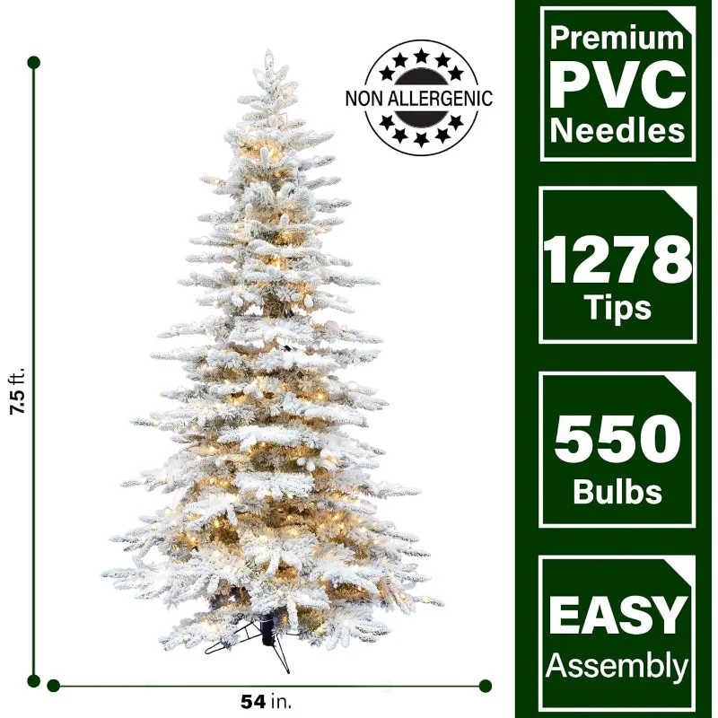 7.5-Ft. Mountain Pine Flocked and Stand, Fake Tree with Realistic Snowy Foliage for Home Decoration，home.