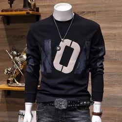 Men Clothing Trend Letter Print Casual Fleece All Match Sweatshirt Autumn Winter Male Round Neck Long Sleeve Loose Pullover Tops