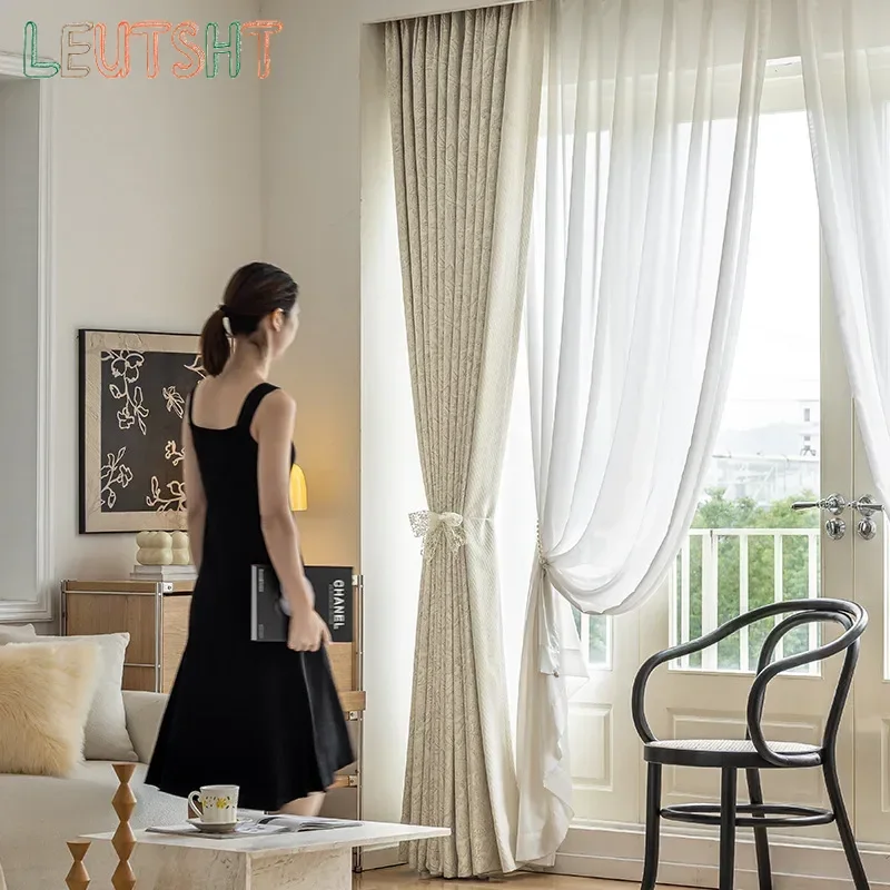 Modern Romantic French Luxury Curtains for Living Room Bedroom Beige Embroidery Chenille Curtain Blackout  Lace Tulle