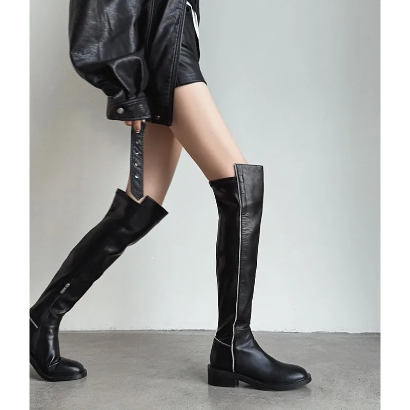 MKKHOU Fashion Over the knee Boots Women New High-Quality Genuine Leather Boots Round Toe Zipper Boots Punk Women Long Boots