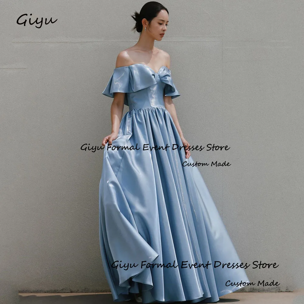 

Giyu Blue Bow Korea Wedding Dress Photo Shoot Off the Shoulder Floor-Length Evening Gown Dress Draped Birthday Party Dress