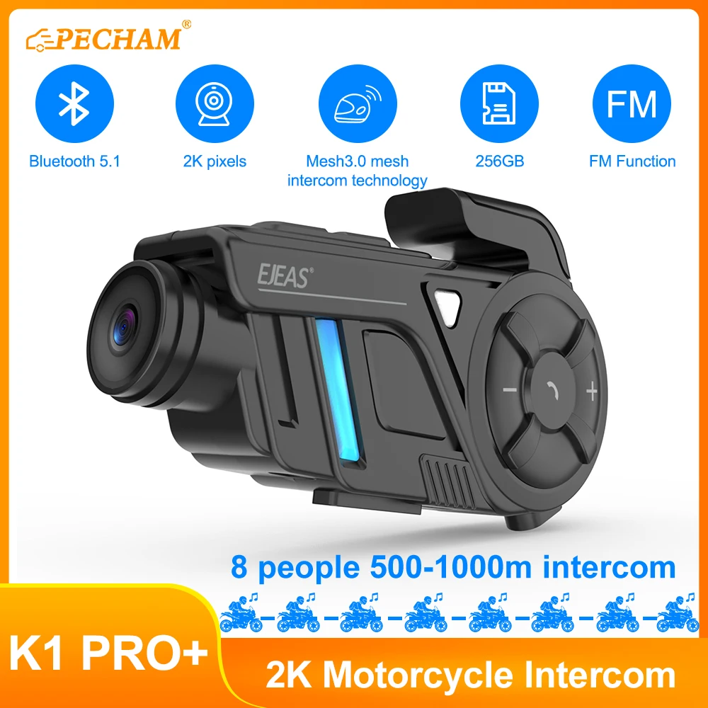 K1PRO+ Motorcycle Intercom Helmet Dash Cam Wireless Bluetooth Headsets 2K High Definition Video Record Handsfree Communicator