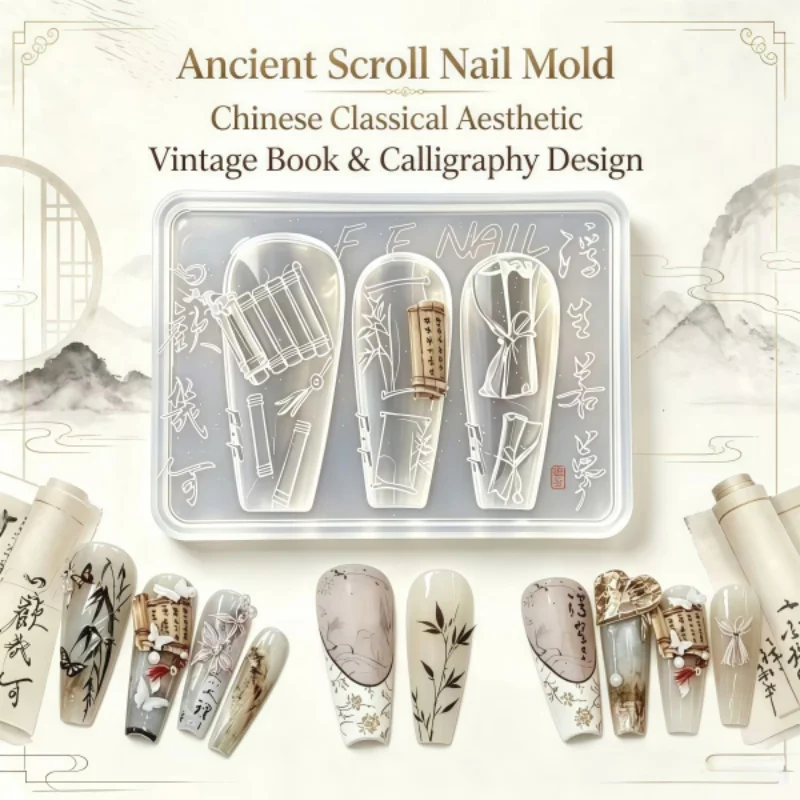 Chinese Ancient Style Book Scroll 3D Nail Art Silicone Mold Calligraphy Design One Piece Traditional Artistic Manicure Mold