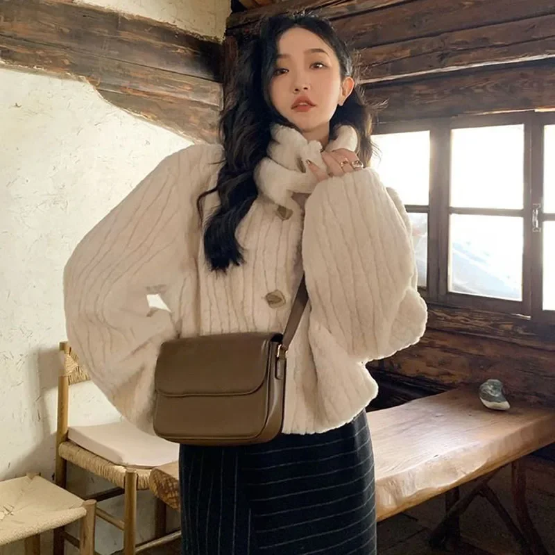 Stand-Up Collarเสื้อขนสัตว์ผู้หญิงฤดูใบไม้ร่วงฤดูหนาวคุณภาพสูงหนาWarm Plush Coatผู้หญิงเกาหลีStreetwear Outerweatสุภาพสตรี