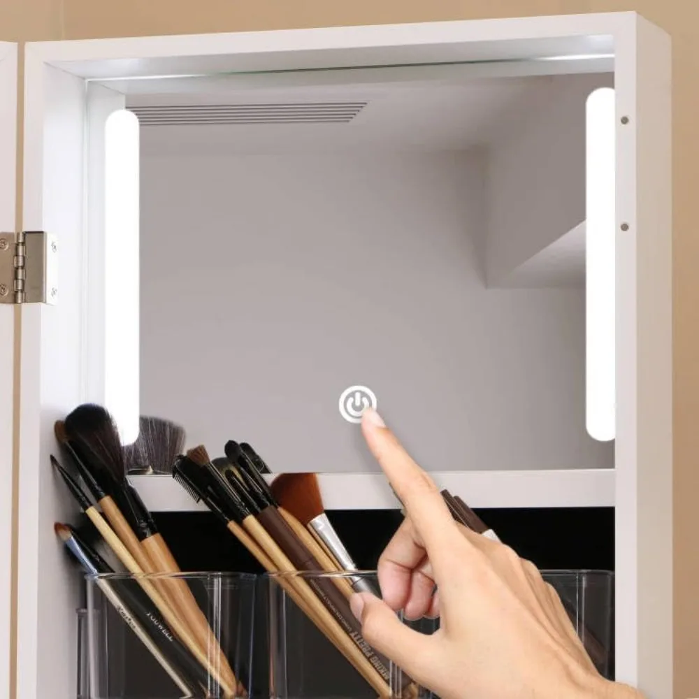 Rotatable Full Length Mirror Jewelry Cabinet with Lockable Drawers & Storage Racks, White