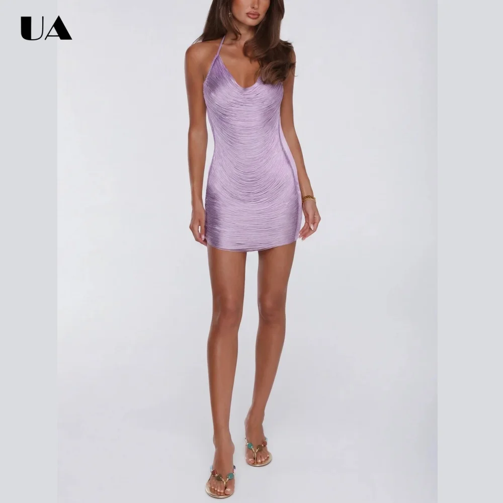 ULBYANRY Trendy Tassel Halterneck Homecoming Dress, Sexy Backless Lace-up Party Dress, Customized Sleeveless Draped Mini Dress