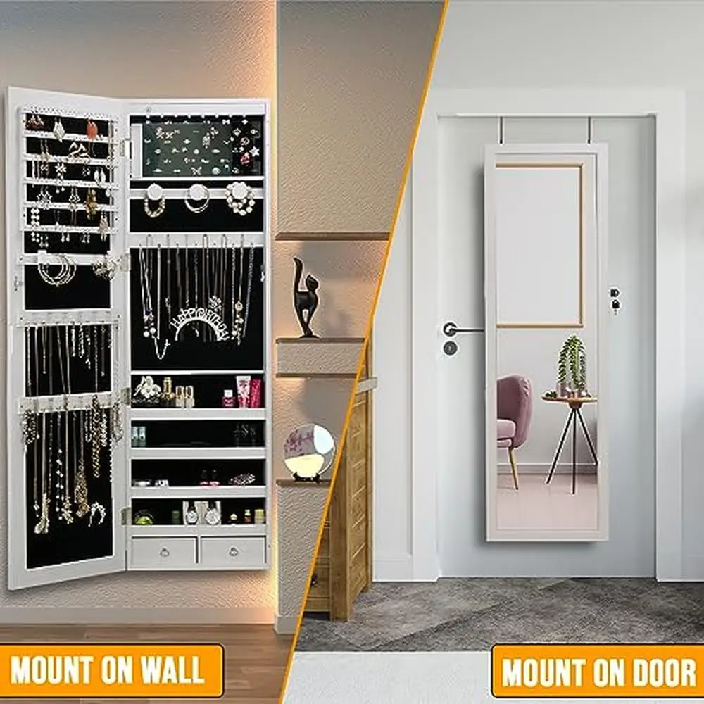 Full-Length Mirror Jewelry Armoire Organizer LED Lights Lockable Wall/Door Mount Storage