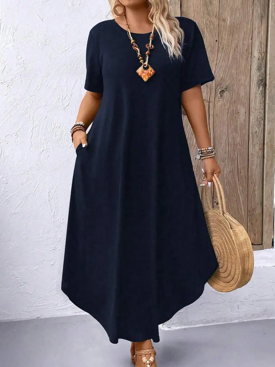 

Plus Size Round Neck Short Sleeve Solid Color Maxi Dress For Women