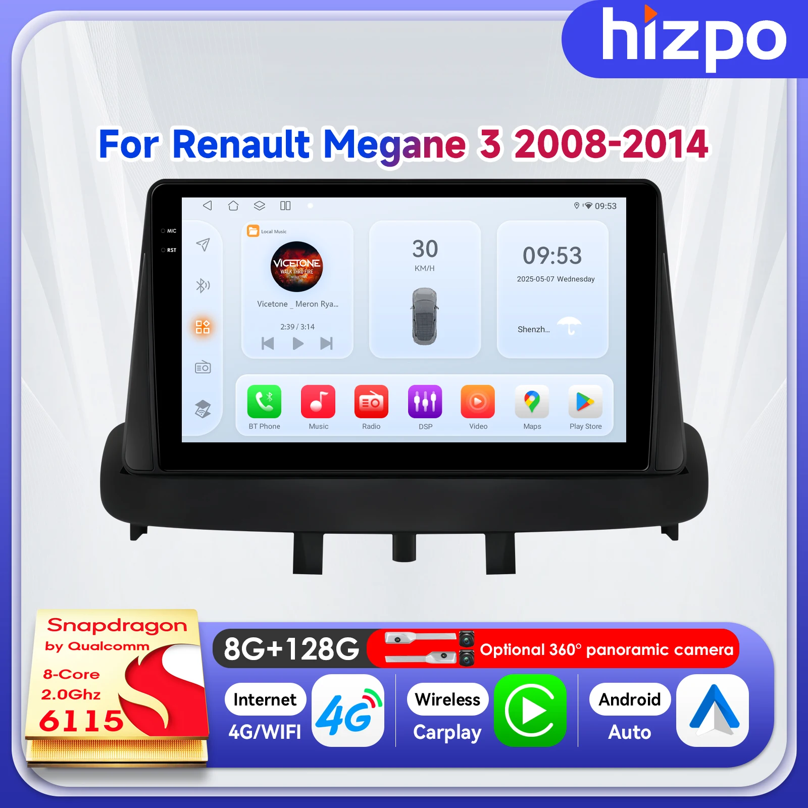 

Автомагнитола Hizpo 9 дюймов Android 14 для Renault Megane 3 2008-2014, мультимедийная 2DIN, беспроводной Carplay, GPS, AI Voice