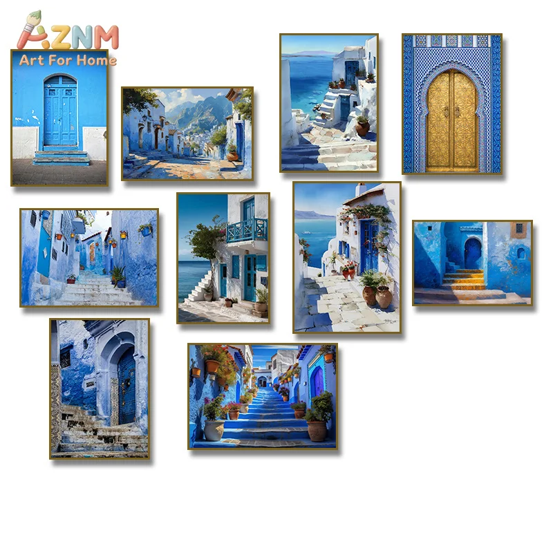 AZNM Morocco Chefchaouen Blue Town Canvas Wall Art Print, Mediterranean Coastal Blue Alley Door Ocean Scenery Travel Home Living
