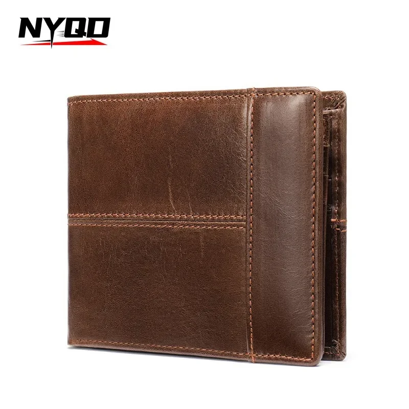 RFID Anti-theft Cowhide Genuine Leather Wallet Mens Retro Multi Slot Cardholder Money Bags Mens Fold Coin Purse Cartera Hombre