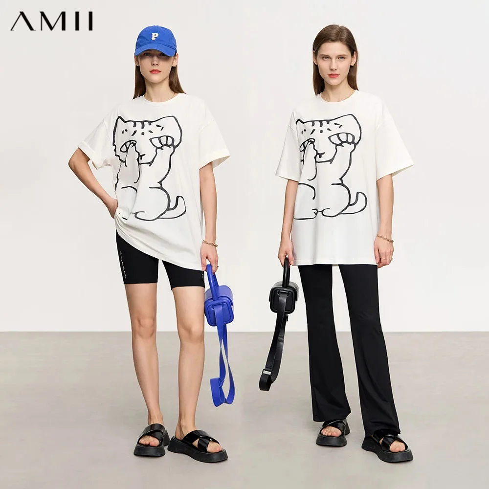 AMII Minimalism Female Tees 2026 Summer New Contrasting Colors Art Printed Loose Drop Short Sleeves T Shirt for Women 12322121