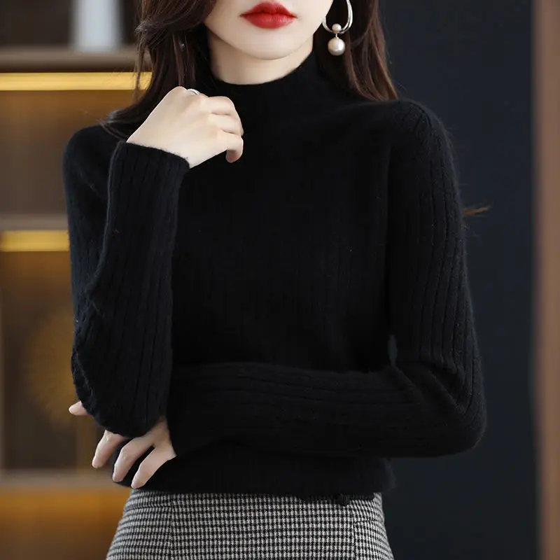Autumn and Winter Women's Pullover Half High Neck Solid Screw Thread Long Sleeve Sweater Knitted Underlay Fashion Casual Tops