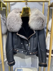 New Winter Women Natural Fox Fur Collar Real Merino Sheep Fur Coat Genuine Leather Jacket Thick Warm Luxury Female Coats