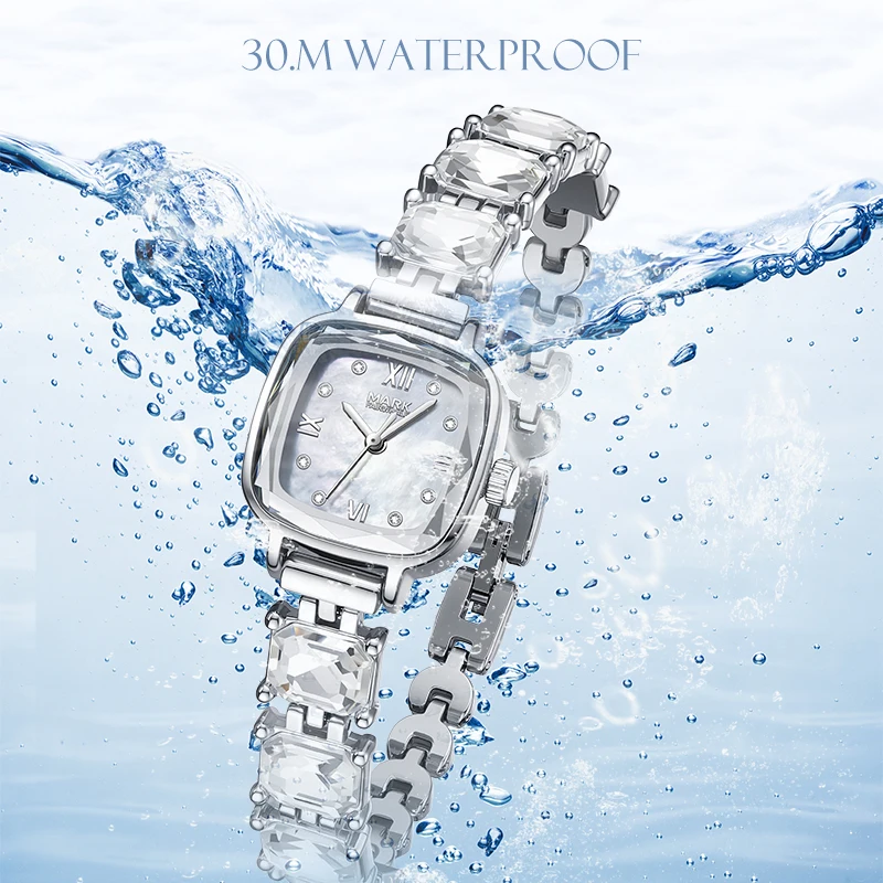 MARK FAIRWHALE FW-3950 Women's Quartz Watch Zircon Metal Bracelet Coated Glass 30M Waterproof Ladies Square Wristwatch