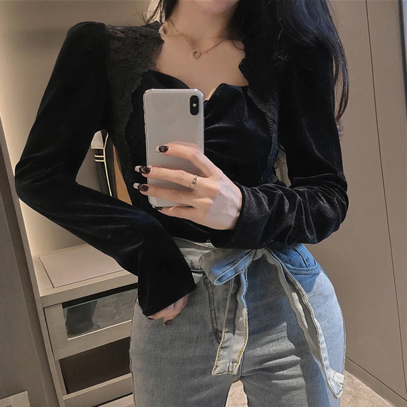 2024 sexy black lace stitching shirt female spring and autumn gauze velvet bottoming shirt female Korean temperament slim pullov