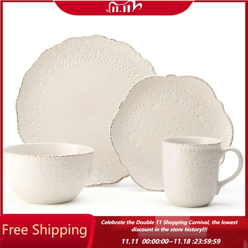 Chateau Cream 16-Piece Stoneware Dinnerware Set, Service for 4, Off White dinnerware set  dishes and plates sets