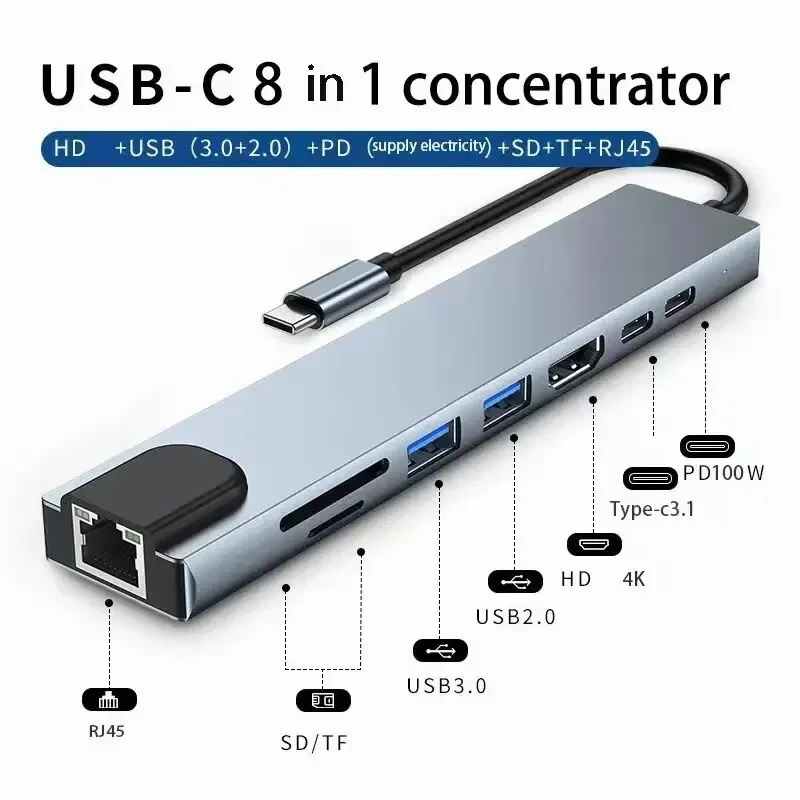 Usb 8 In 1 Type C 3 1 Tot 4k HdTV Hub Adapter Met Sd Tf Rj45 Kaartlezer Pd snel Opladen Voor Macbook Notebook Computer