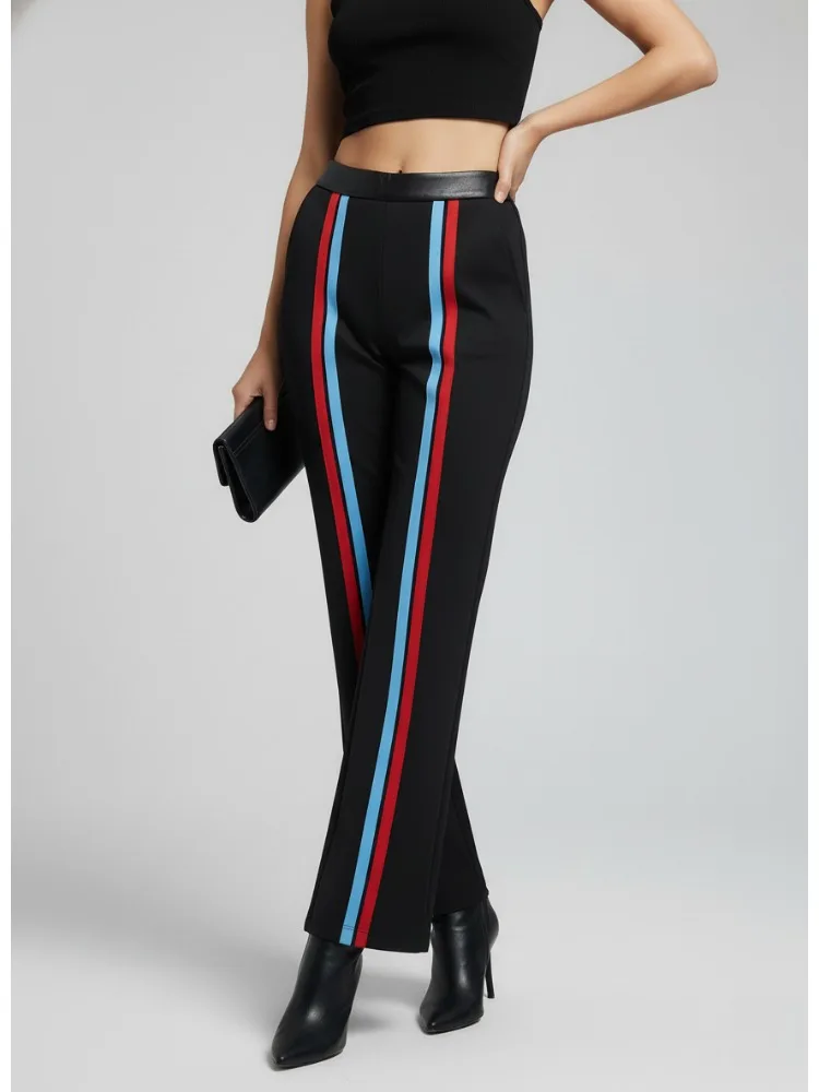 Damskie spodnie w kontrastowe paski, z wysokim stanem, długie, proste, eleganckie spodnie z szerokimi nogawkami, pasujące do różnych stylizacji, kolekcja 2025.