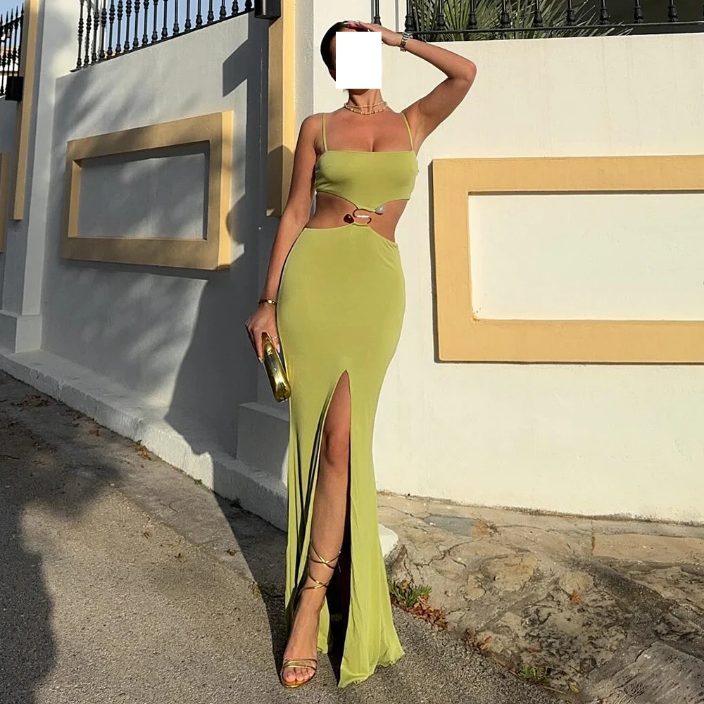 ที่กําหนดเองอารมณ์สปาเก็ตตี้สายรัด JERSEY ชุดราตรี Modern Square COLLAR แขนกุดตรงความยาวชั้น PARTY DRESS