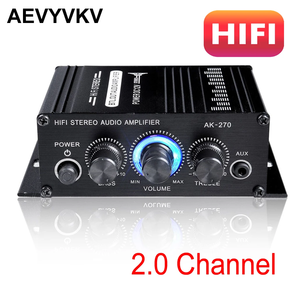 

AK-270 Home Amplifiers 2.0 Ch Car HIFI Amplifier HIFI Stereo Audio Amp Treble & Bass Adjustment Support AUX RCA Input DC12V3A