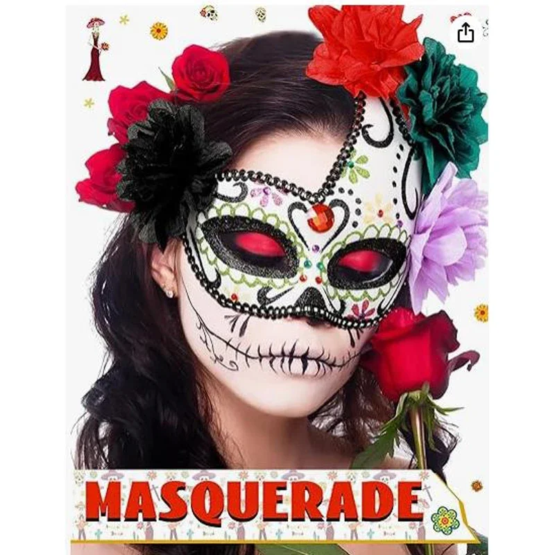 

Sugar Skull Half Masks for Day of the Dead Mexican Costume Día De Los Muertos Women Mask Half Face Eyemask for Men