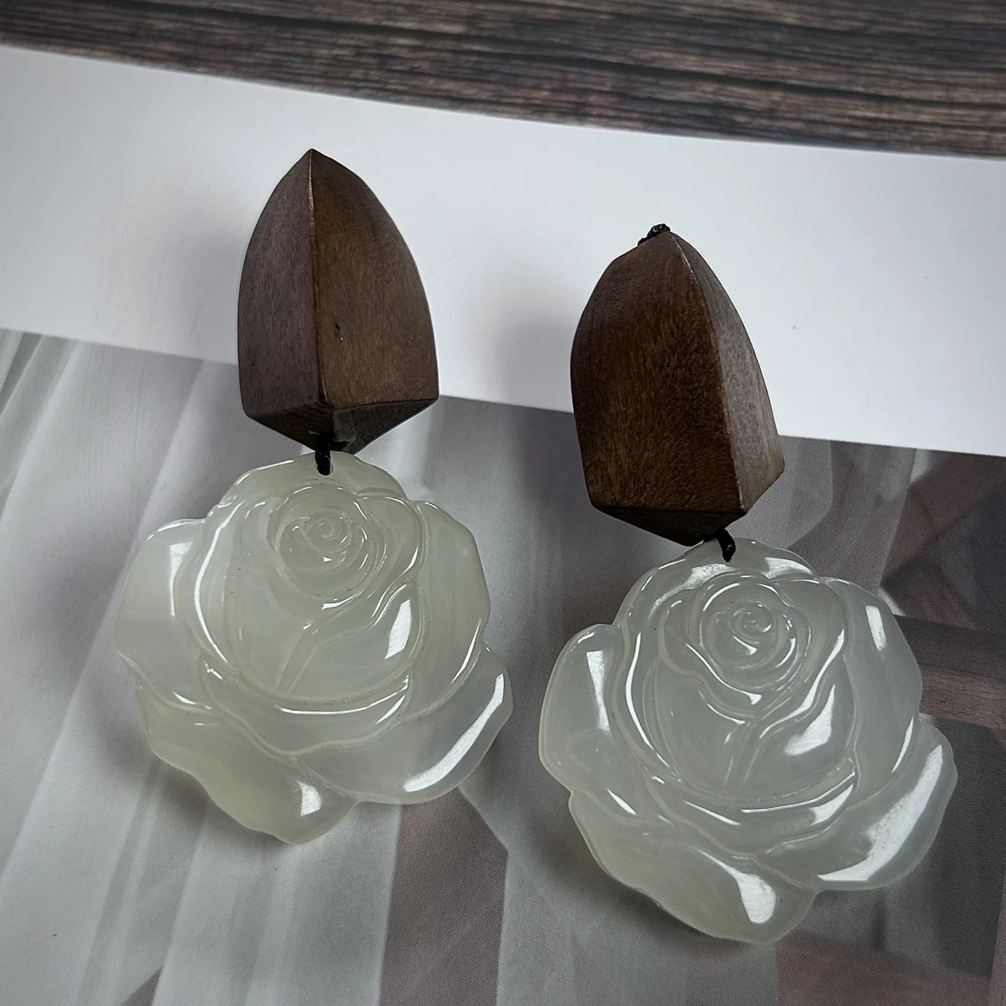 Danish Monies style wooden handmade earrings medieval vintage natural agate engraved rose earrings