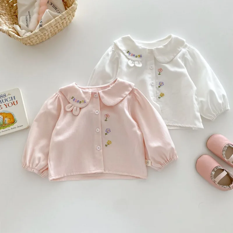 Stylish Baby Girls Flower Embroidery Shirts 0-5 Years Old Cartoon Lapel Girls Cotton Cardigan Childrens Casual Shirt Outerwear