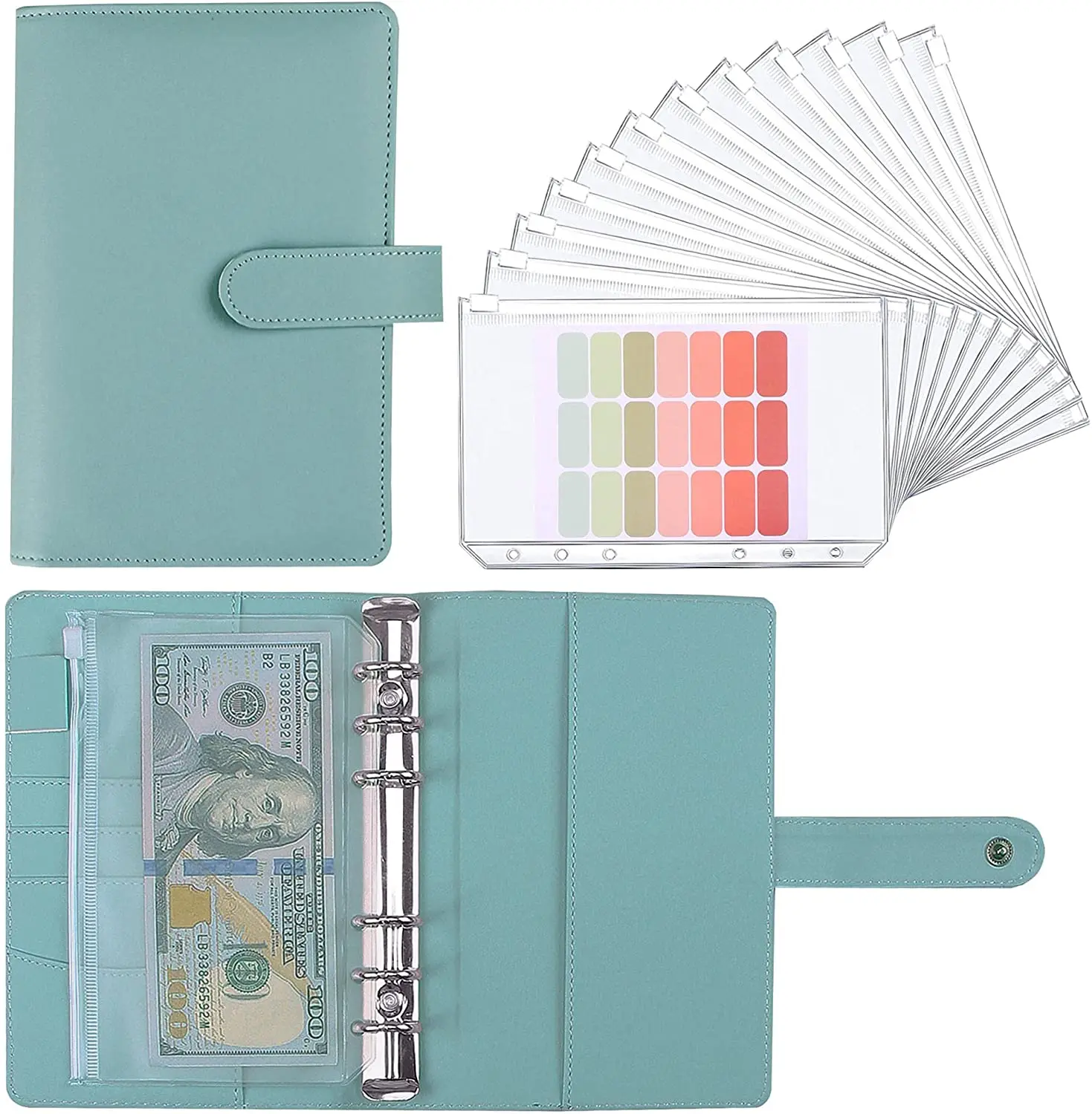 2022 A6 Budget Binder Planner with 12 Pieces Cash Envelopes Colorful PU Leather Notebook Binder with 12 PCS A6 Binder Pockets